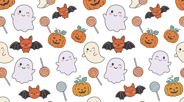 Halloween themed cartoon pumpkins ghosts bats illustration.