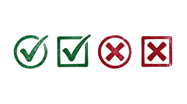 Green check marks and red cross stamps isolated on white isolated on transparent background