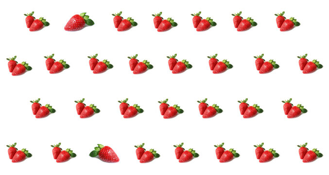 Rows of Single and Double of Vibrant Red Fresh Strawberries Pattern on White Background