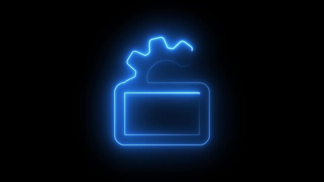 Glowing blue neon gear icon on a dark background