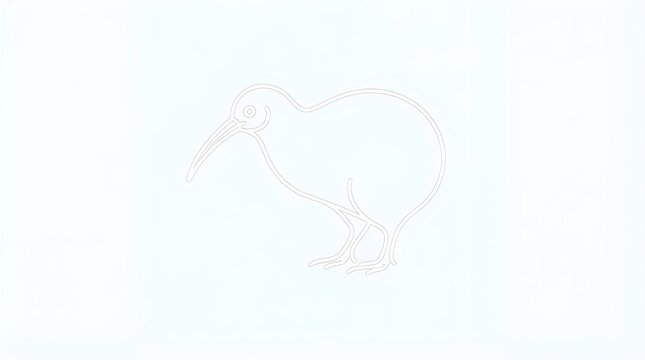 Minimalist kiwi bird outline drawing rendered as a clean thin line vector graphic isolated against a plain white background surface