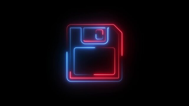 Glowing neon floppy disk save icon on black background