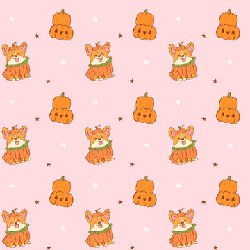 Halloween corgi seamless pattern cute kawaii pumpkin dogs in spooky costumes, arranged in a playful hand drawn repeat background.