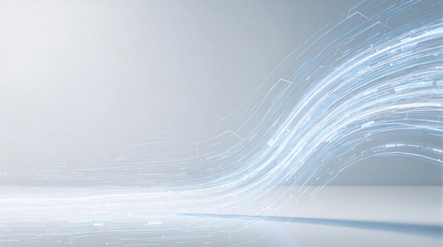 Glowing data streams flowing seamlessly through a meticulously clean corporate tech space in wide angle view