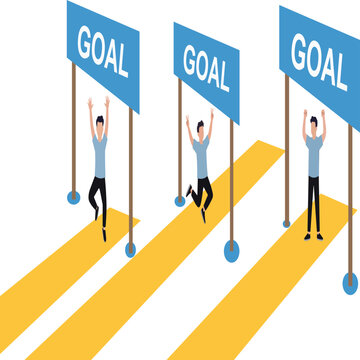 Men Running on Parallel Tracks Toward Goal Banners Concept Vector