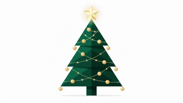 Minimalist Christmas tree with gold star and string lights animation on white background