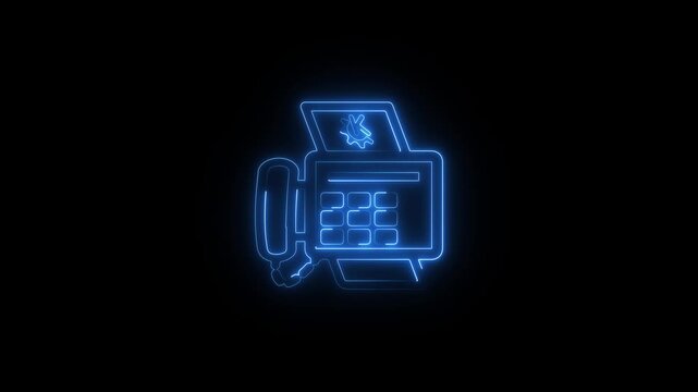 Glowing blue neon fax machine icon on black background
