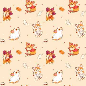 Halloween Corgi Seamless Pattern Cute Kawaii Spooky Dog Costume Repeat Background