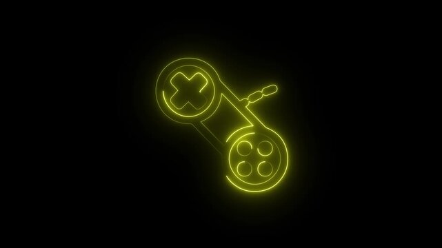 Glowing yellow neon game controller icon on black background