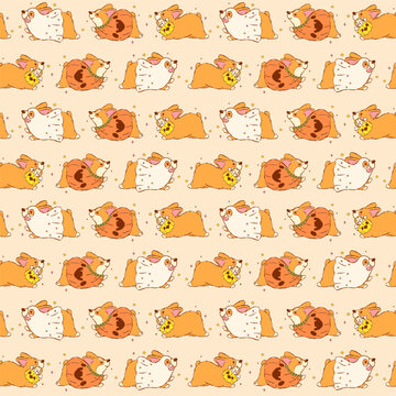 Halloween corgi seamless pattern with cute kawaii dogs, spooky costumes, ghosts, pumpkins, and trick or treat elements in a playful repeat background.