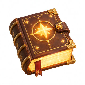 Cute 3D thick magic spellbook with leather cover and glowing golden star emblem, isolated on white background, 3d render