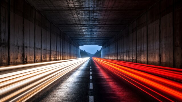 Tunnel interior with long exposure light trails from passing vehicles