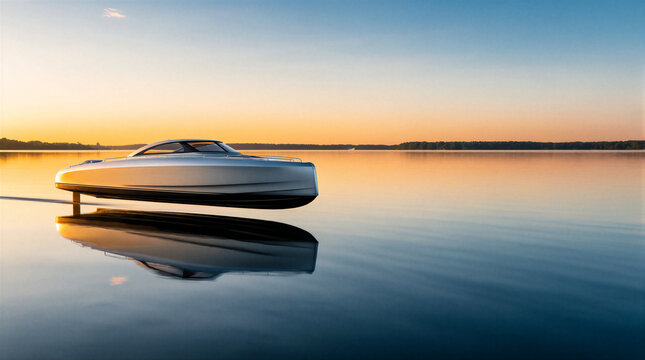 Electric hydrofoil hull gliding silently just above a glass-like lake during sunset