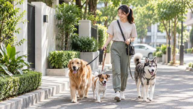 dog walker walking three dogs in urban neighborhood in Bangkok