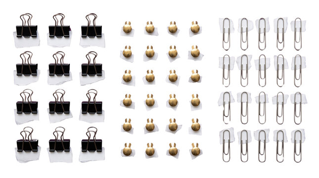 Collection of black binder clips gold push pins and silver paper clips on white background