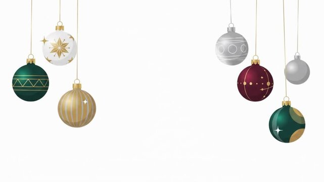 Hanging Christmas baubles and ornaments border loop animation on white background