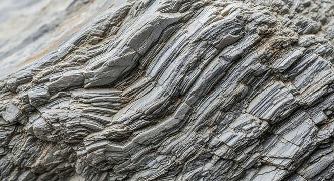 Close up of layered grey and white sedimentary rock with visible strata and cracks Keywords: rock, stone, geology