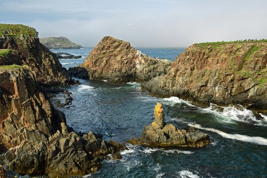 dramatic vistas of sea stacks, distant birds,  and rough surf  in the labrador sea from the steep cliffs  of elliston puffin viewing site during nesting season on a  summer day on  bonavista peninsula