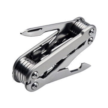 Cycling multi tool with fold out implements and compact body cut out on transparent background