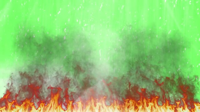 Firestorm burning with intense orange flames and thick black smoke rising against a vibrant green chroma key background for visual effects compositing.