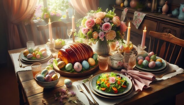 A beautiful Easter scene with a rustic wooden table setting, featuring decorated eggs, a fresh green salad, and a glazed ham as the centerpiece, Ai generated image