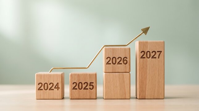Wooden blocks showing business growth and positive financial trends leading towards the year 2027
