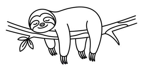 Fototapeta premium Cute cartoon sloth sleeping on a tree branch line drawing