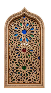 Intricate Islamic Geometric Wood Carving Window with Colorful Glass Inserts pattern