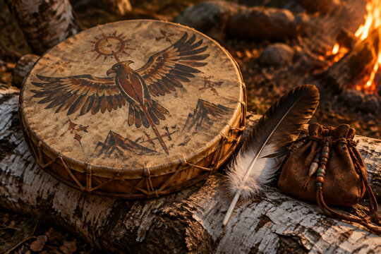 Shamanic frame drum with painted hide on birch log, spiritual and ritual tradition concept