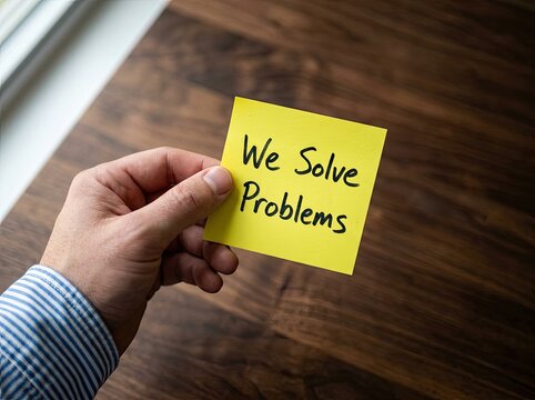 Hand holding yellow sticky note with text We Solve Problems over wooden desk ideal for business marketing symbolizing teamwork and effective solutions