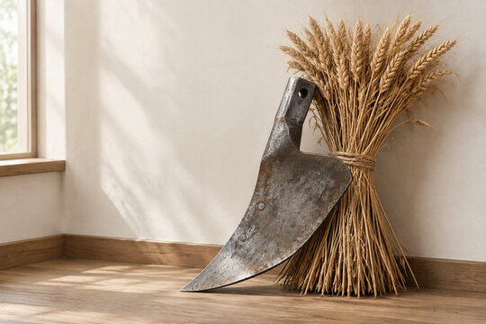 Reforged metal blade shaped into plowshare against dried wheat, peace and farming concept