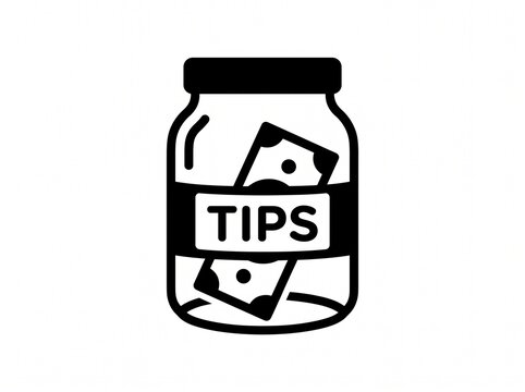 A black and white vector icon of a tip jar containing a banknote, ideal for service industry apps, payment interfaces, and hospitality business design, vector isolated on white