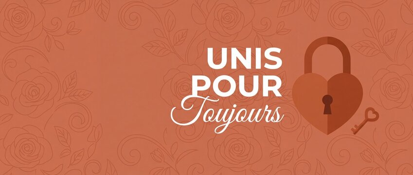 Heart padlock french love text unis pour toujours romantic banner background with floral rose pattern key for wedding valentine day romance celebration card design concept template copy space
