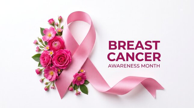 Pink ribbon with flowers for breast cancer awareness month isolated on white background