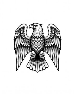 Heraldic eagle with spread wings, majestic predator bird vintage woodcut engraving line art vector illustration isolated on white background