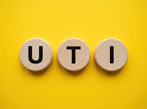 Wooden circular blocks spelling UTI on yellow background ideal for medical education representing urinary tract infection awareness and health