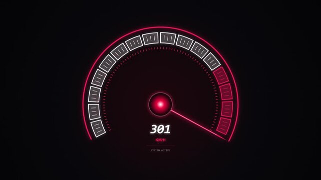 Digital speedometer hud overlay: high-speed racing gauge animation with red glow and dynamic km/h counter for automotive ui and gaming