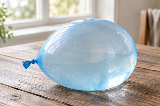 Overfilled translucent water balloon on wooden table, tension and fragility concept