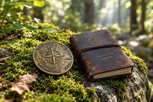 Weathered brass geocoin and leather logbook on mossy stone in sunlit forest.
