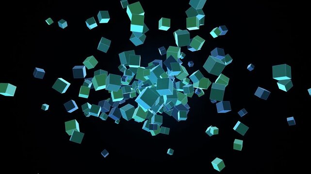 Abstract explosion of many glowing blue and green geometric cubes floating in dark space creating a dynamic digital 3d motion effect for modern technology background 4k Motion Video