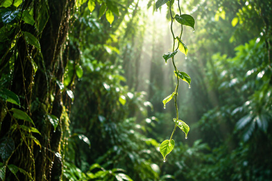 Sunlight through rainforest canopy illuminating a single hanging vine.