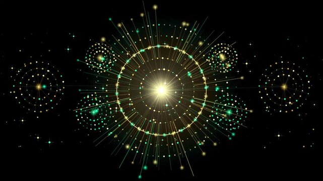 Abstract circular light explosion with glowing green particles and golden sparks radiating in a dark space background representing digital data and energy connectivity 4k Motion Video