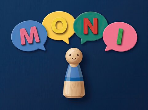 Wooden peg figure under speech bubbles spelling MONI suitable for marketing and feedback content symbolizing communication and expression