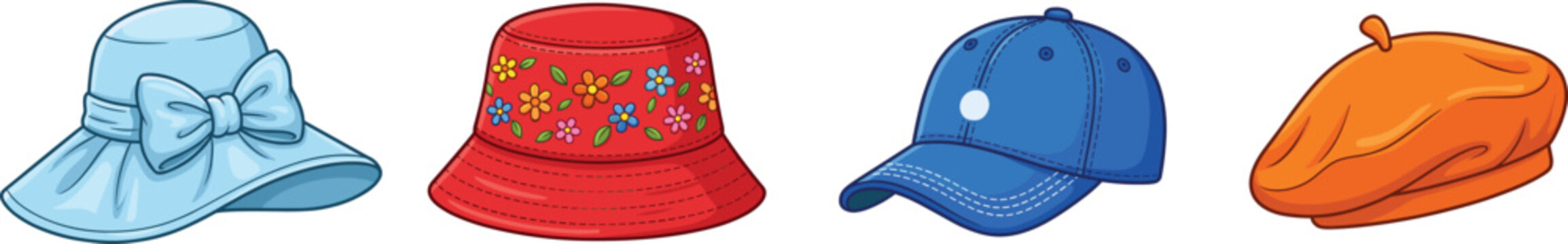 Hats and caps headwear set, sunhat, bucket hat, baseball cap, beret vector