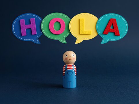 Wooden doll under colorful speech bubbles spelling HOLA ideal for language learning media representing communication and cultural connection