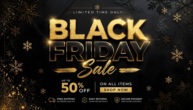 Black Friday Sale banner, poster, flyer design with sparkling black, gold inscription Black Friday on a textured background with a pattern of snowflakes. Modern design template for social.