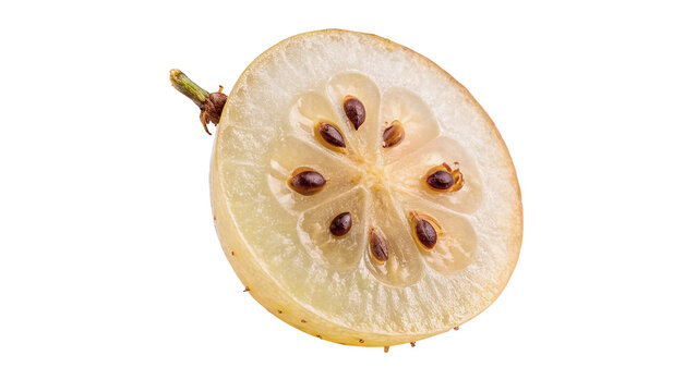 Slice of fresh ripe white star apple isolated on transparent background.