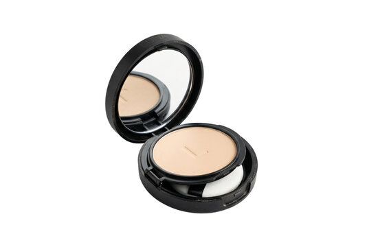 Open black compact powder makeup case with clear mirror face powder pan and soft applicator sponge