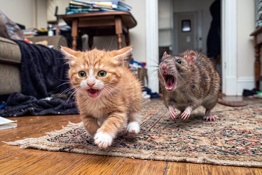  Hilarious role reversal with a tiny terrified kitten running for its life from a giant screaming rat