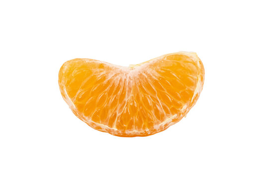 Single peeled juicy orange mandarin segment citrus fruit slice macro view rich texture detail
